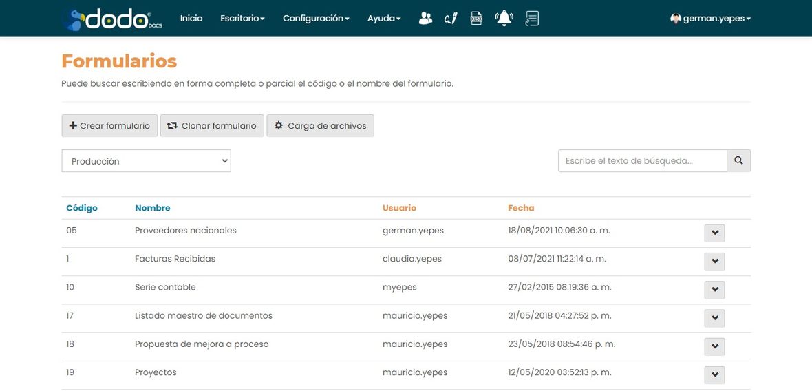 Pantalla Formularios: buscador, botones Crear formulario, Clonar formulario y Carga de archivos, filtro de estado, y una tabla con columnas Código, Nombre, Usuario y Fecha.
