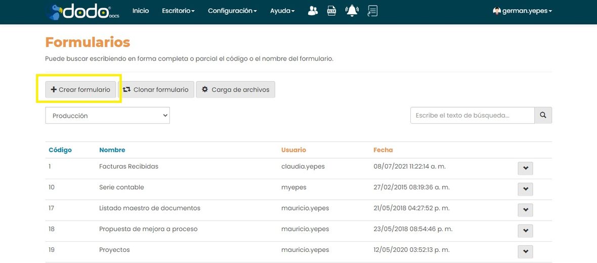 Botón +Crear formulario en la pantalla Formularios.