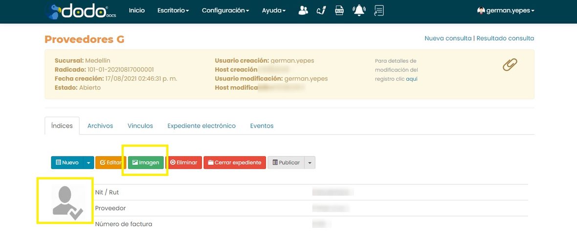 Detalle de un registro con la opción Imagen en la barra de acciones y, debajo, un ícono de imagen genérico junto a sus datos (algunos difuminados).