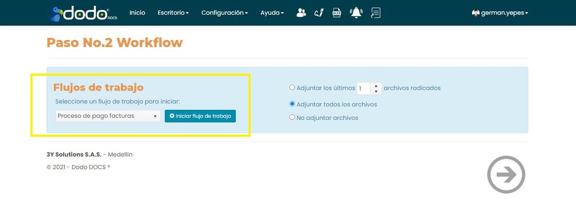 Paso Workflow del asistente de radicación: selector de flujo de trabajo a iniciar y opciones de qué archivos adjuntar.