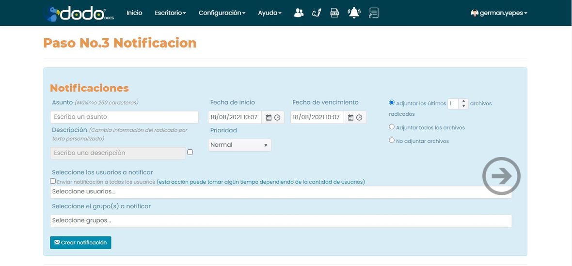 Paso Notificación del asistente de radicación: asunto, descripción, fechas, prioridad, usuarios y grupos a notificar.