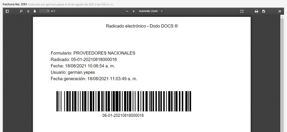 Página inicial de radicado electrónico añadida a un PDF: Formulario, Radicado, Fecha, Usuario y código de barras.