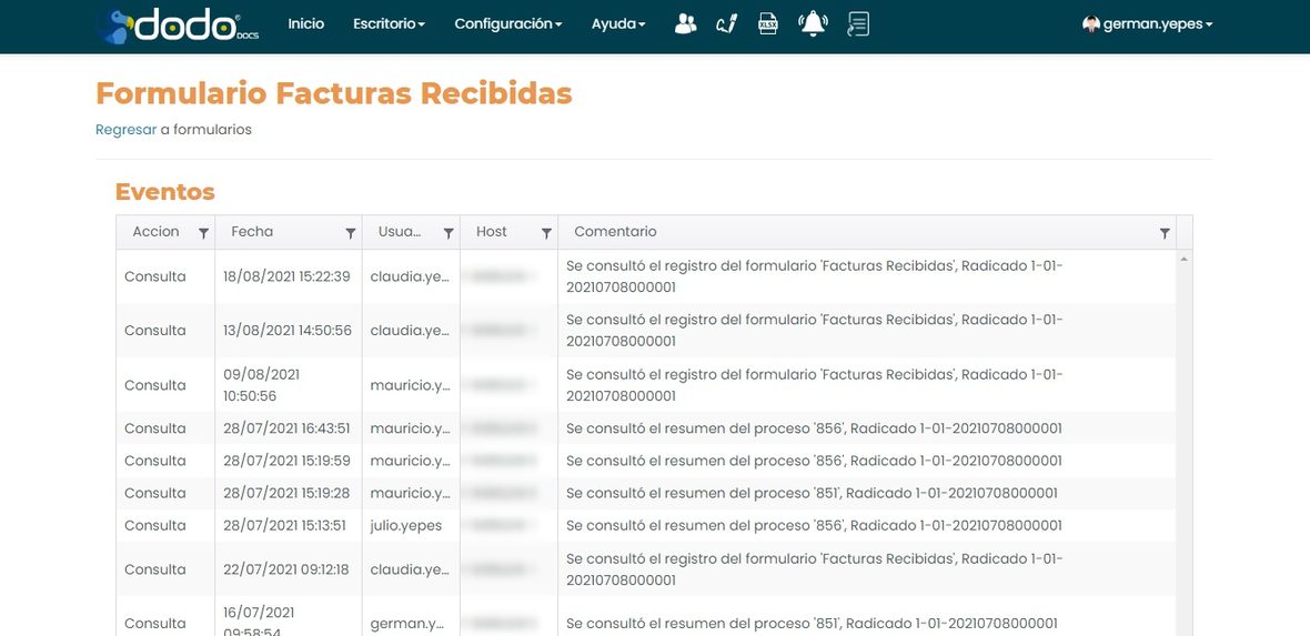 Pantalla Eventos del formulario, con columnas Accion, Fecha, Usuario, Host (difuminado) y Comentario.