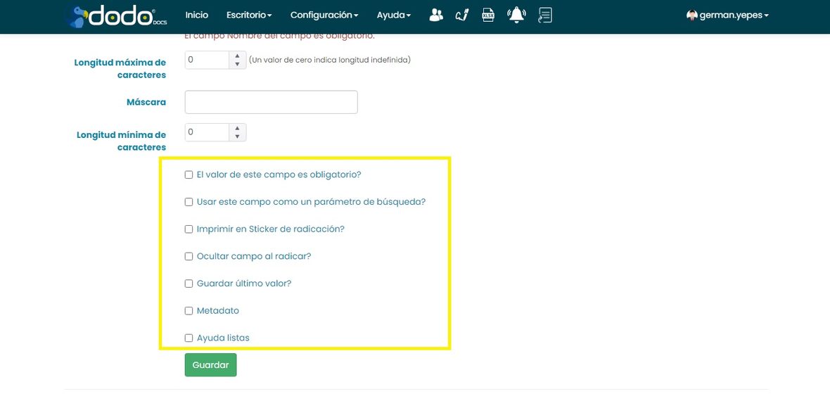 Lista de casillas de opciones de un campo: obligatorio, parámetro de búsqueda, imprimir en sticker, ocultar al radicar, guardar último valor, metadato, ayuda listas.