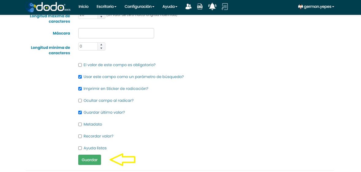 Parte final del formulario de configuración de un campo, con el botón Guardar resaltado.