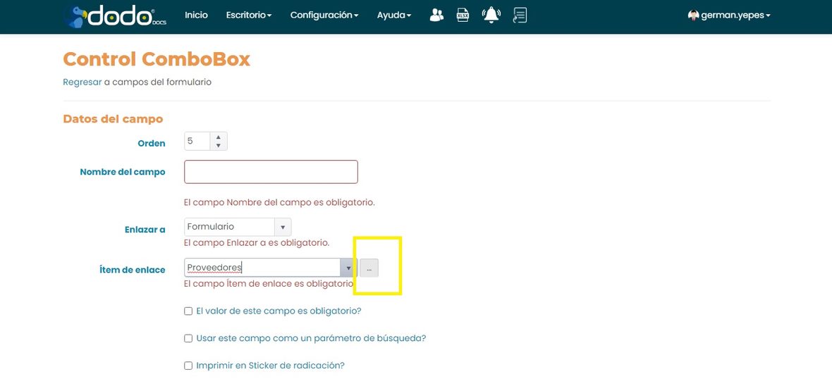 Campo Ítem de enlace con el botón de tres puntos resaltado para abrir el filtro.