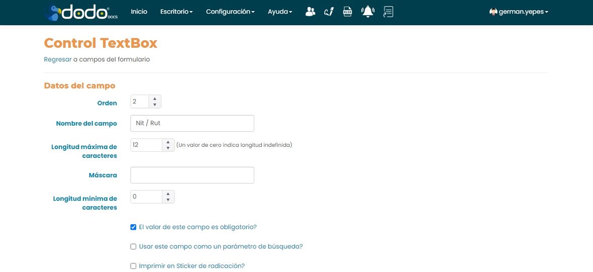 Pantalla Control TextBox para editar un campo Nit/Rut, con Orden, Nombre del campo, Longitud máxima y Máscara.
