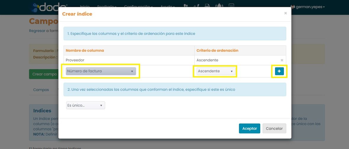 Ventana Crear índice: tabla de columnas y criterio de ordenación, con el selector Es único.