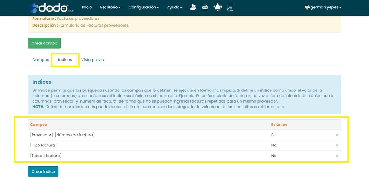 Pestaña Indices con varios índices ya creados, con sus columnas y si son únicos.