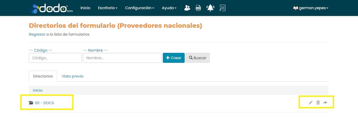 Pantalla Directorios del formulario, con buscador por código y nombre, botón Crear, y el directorio 00 - DOCS con sus acciones.