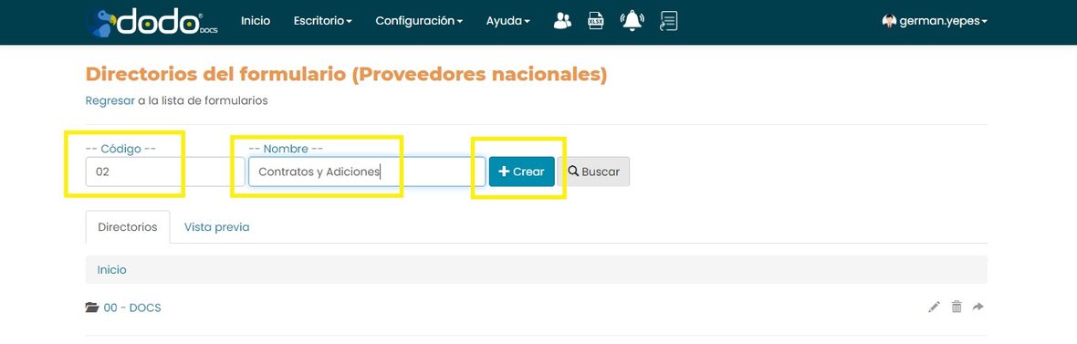 Casillas Código y Nombre diligenciadas (02, Contratos y Adiciones) y el botón +Crear.