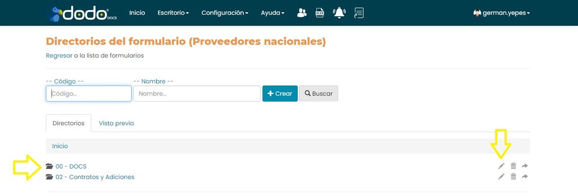 Lista de directorios con el ícono editar señalado sobre el directorio 00 - DOCS.
