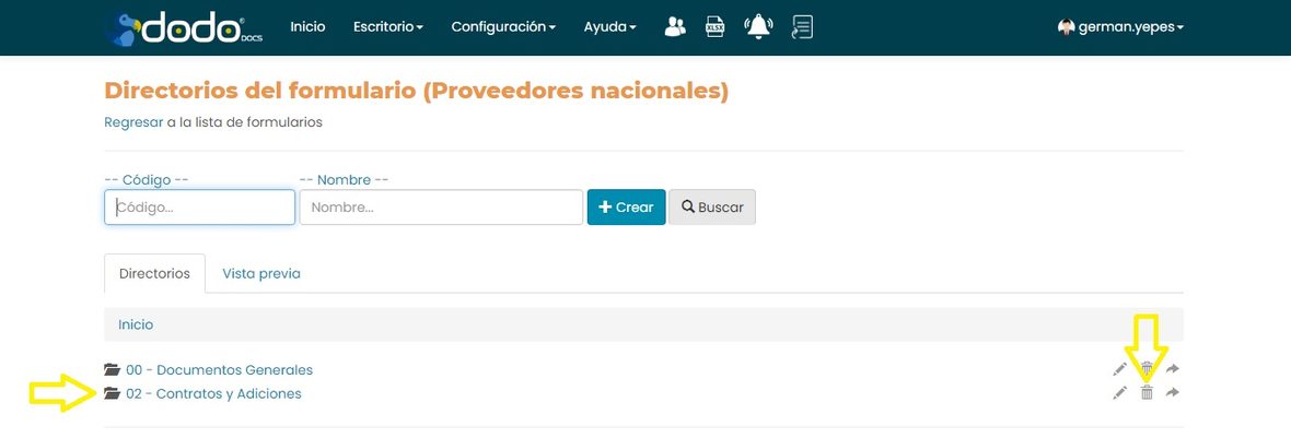 Lista de directorios con el ícono eliminar señalado sobre un directorio.