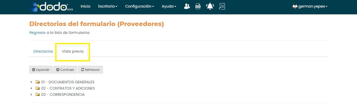 Pestaña Vista previa de directorios, con una estructura de carpetas 01, 02 y 03 sin expandir.