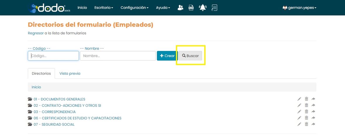 Pantalla Directorios del formulario Empleados, con varios directorios de recursos humanos y el botón Buscar resaltado.
