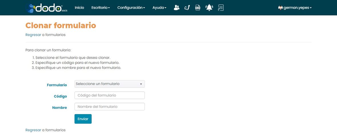 Pantalla Clonar formulario, con los campos Formulario, Código, Nombre y el botón Enviar.