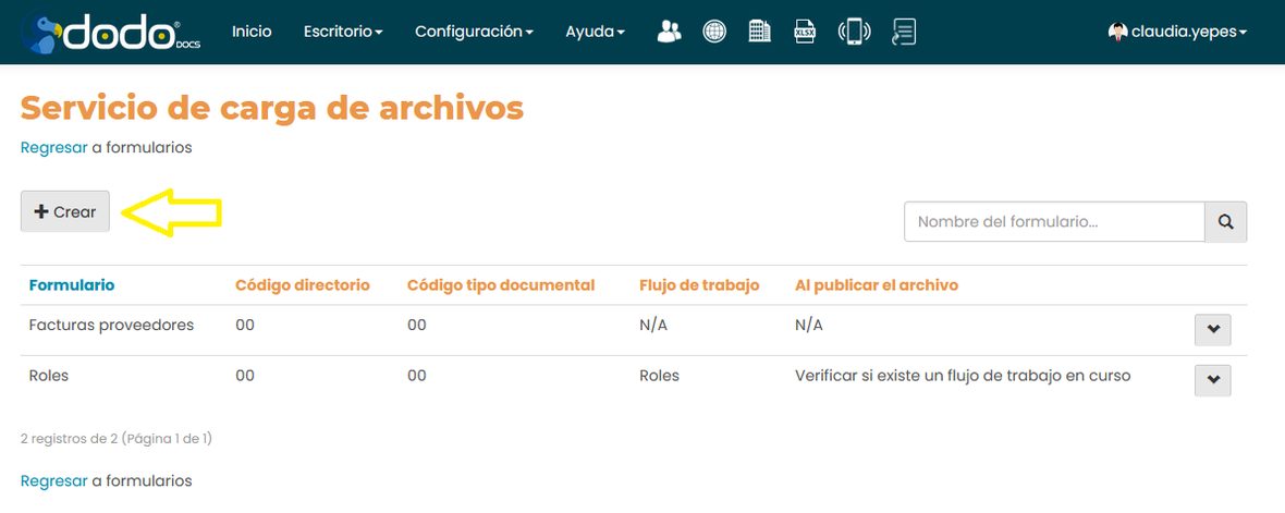 Pantalla Servicio de carga de archivos, con una lista de formularios configurados y sus columnas Código directorio, Código tipo documental, Flujo de trabajo y Al publicar el archivo.