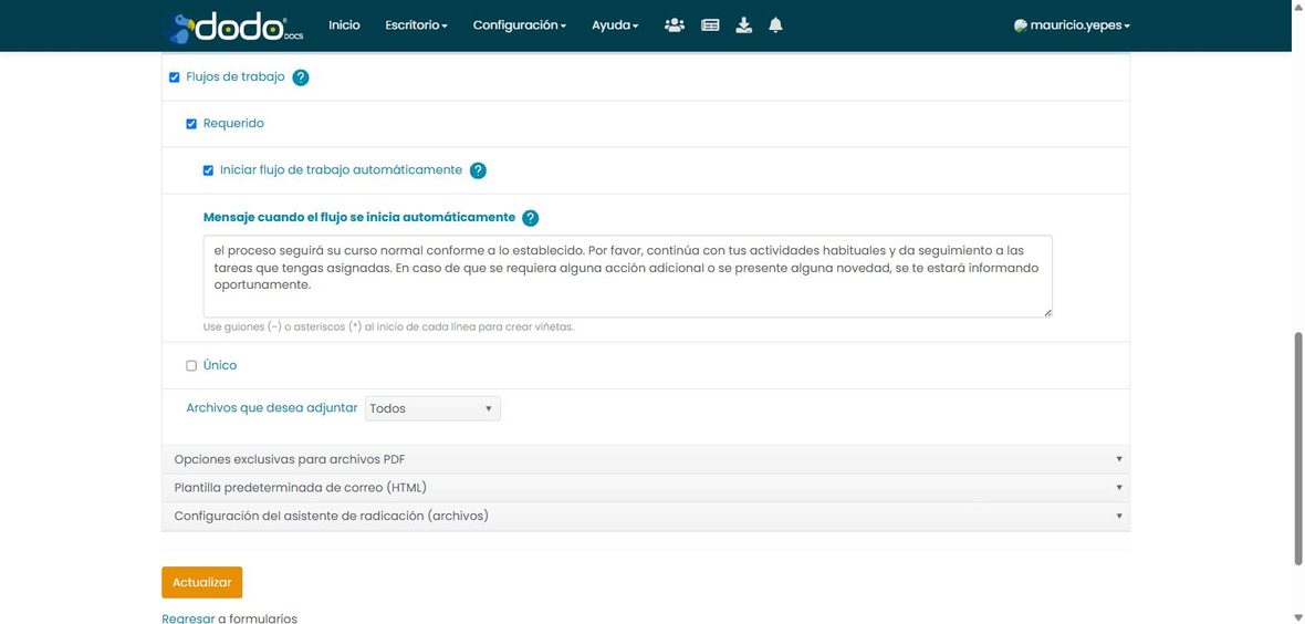 Casilla Iniciar flujo de trabajo automáticamente activada, junto al campo Mensaje cuando el flujo se inicia automáticamente.