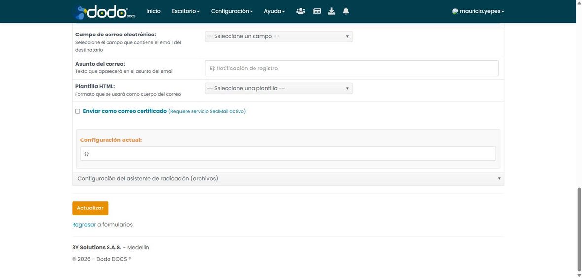 Panel Plantilla predeterminada de correo (HTML): Campo de correo electrónico, Asunto del correo, Plantilla HTML y casilla Enviar como correo certificado.