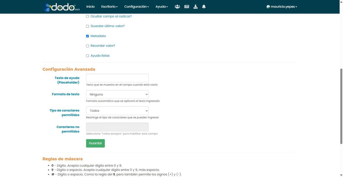 Sección Configuración Avanzada de un campo de texto: Texto de ayuda (Placeholder), Formato de texto, Tipo de caracteres permitidos y Caracteres no permitidos.