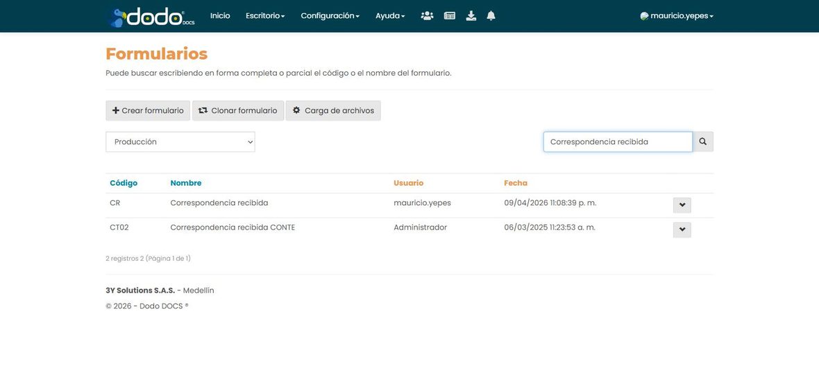 Lista de formularios con el texto de búsqueda «Correspondencia recibida» conservado tras entrar a un elemento y volver.