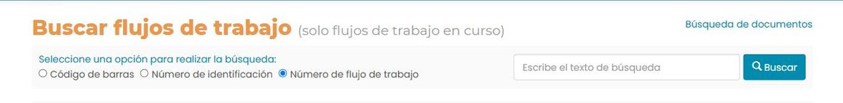 Pantalla «Buscar flujos de trabajo (solo flujos de trabajo en curso)»: opciones Código de barras, Número de identificación, Número de flujo de trabajo; caja de texto y botón Buscar.