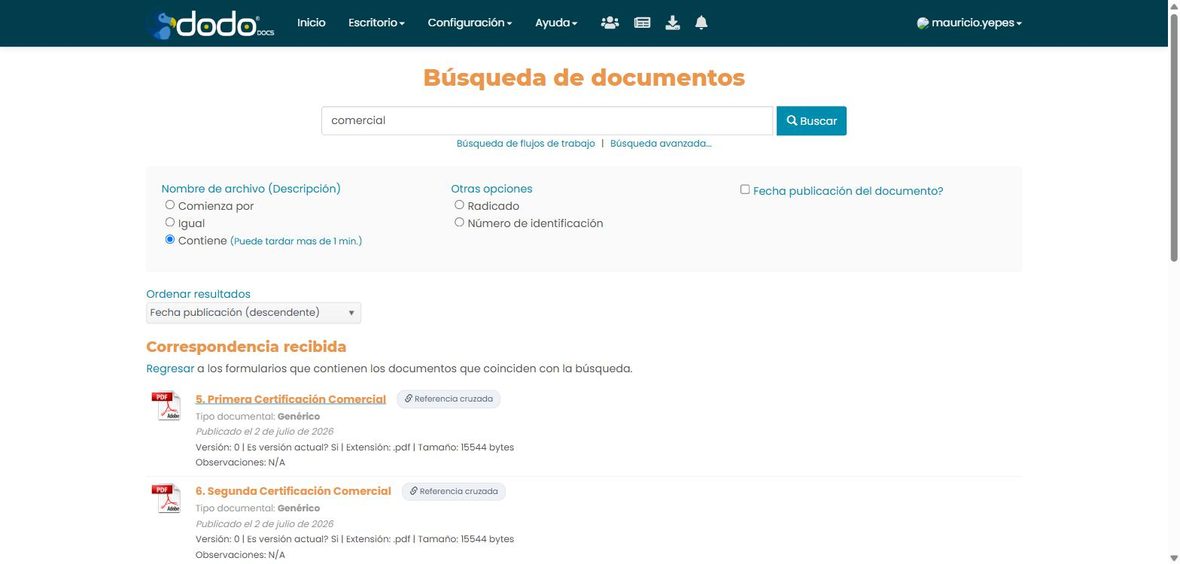 Resultados de la búsqueda de documentos, con el selector Ordenar resultados, el tipo documental de cada archivo y el distintivo Referencia cruzada.