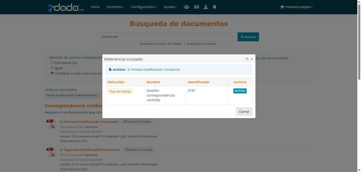 Ventana Referencia cruzada de un archivo: tabla con Ubicación, Nombre, Identificador y botón Archivo.