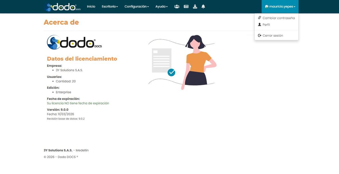 Menú del usuario, arriba a la derecha, con las opciones Cambiar contraseña, Perfil y Cerrar sesión.