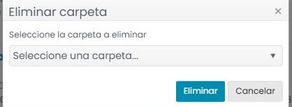 Ventana «Eliminar carpeta» con la lista para elegir la carpeta y los botones Eliminar y Cancelar.