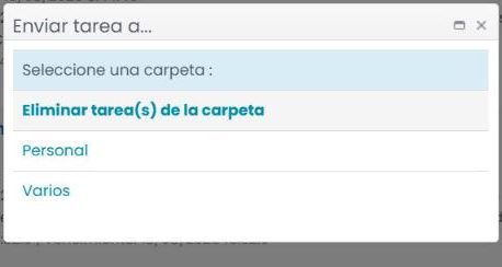 Ventana «Enviar tarea a…» con la lista de carpetas del usuario (Personal, Varios) y la opción «Eliminar tarea(s) de la carpeta».