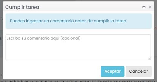 Ventana «Cumplir tarea» con un campo opcional de comentario y los botones Aceptar y Cancelar.