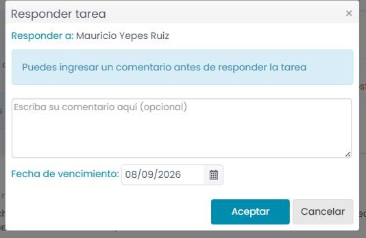 Ventana «Responder tarea»: destinatario, campo de comentario y selector de fecha de vencimiento.