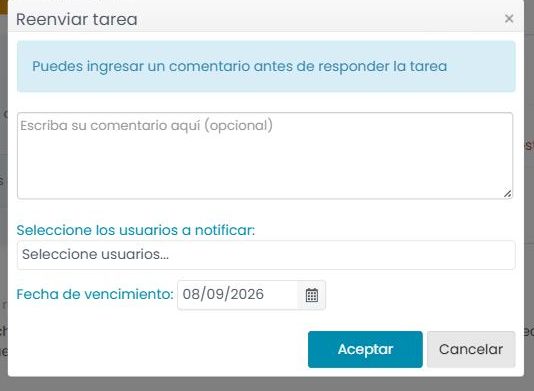 Ventana «Reenviar tarea»: comentario, selección de usuarios a notificar y fecha de vencimiento.