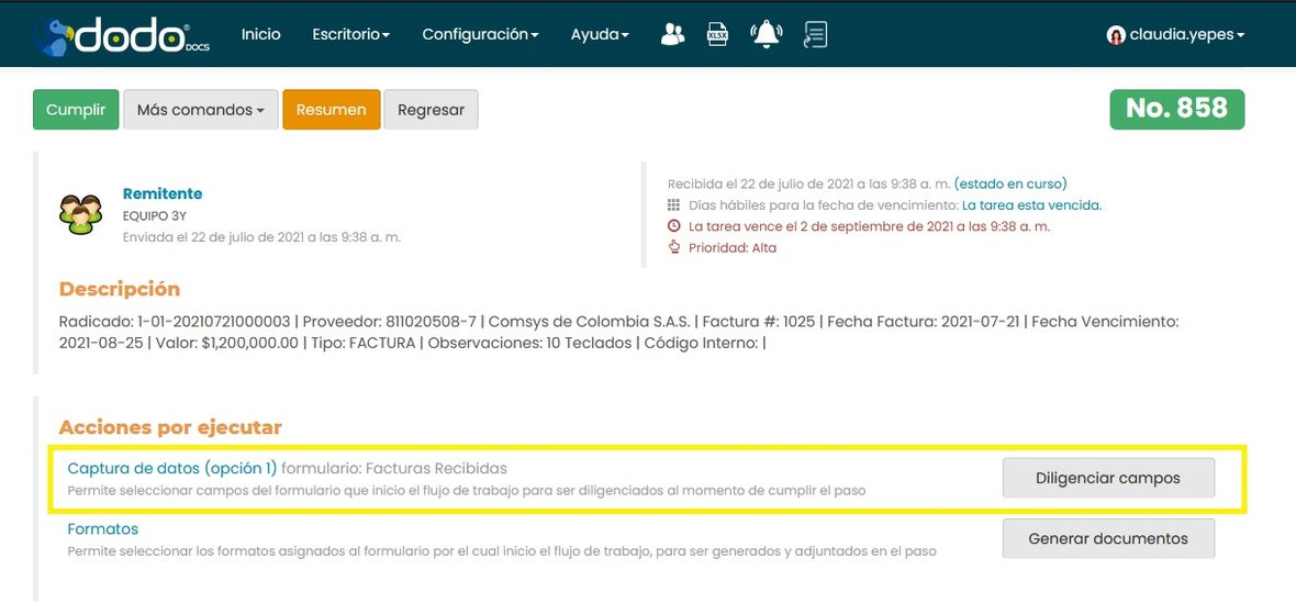 Detalle de una tarea con el bloque «Acciones por ejecutar»: cada acción con su descripción y su botón.