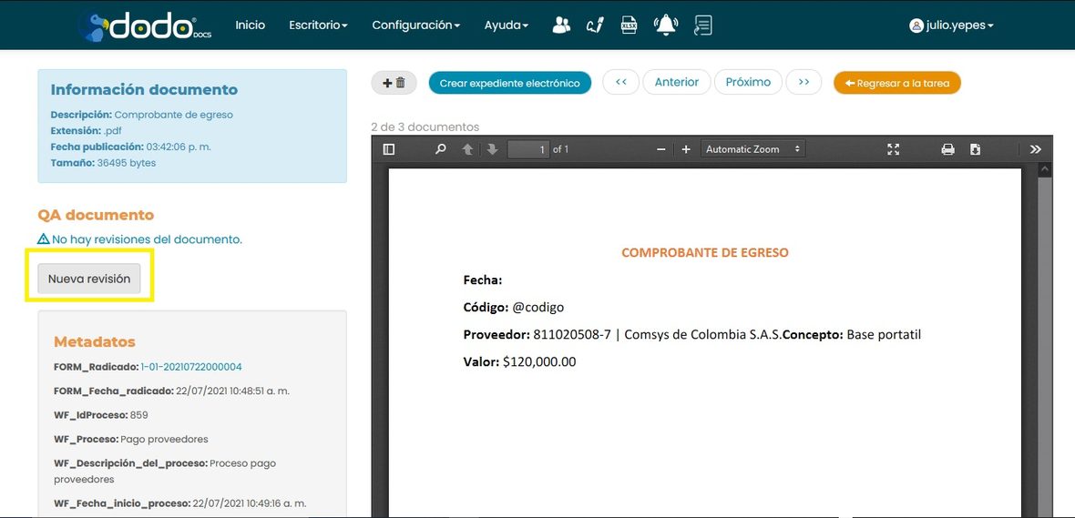 Pantalla de revisión de un documento: panel izquierdo con Información documento, QA documento y el botón «Nueva revisión»; a la derecha el visor del PDF.