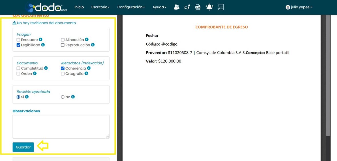 Formulario de control de calidad con casillas de Imagen, Documento y Metadatos, la opción «Revisión aprobada» Sí/No, el campo Observaciones y el botón Guardar.