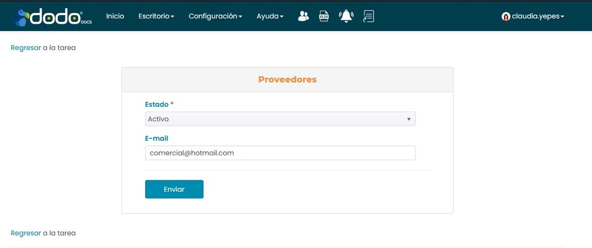 Formulario «Proveedores» con los campos Estado y E-mail y el botón Enviar.