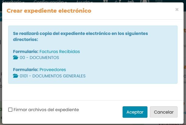 Ventana «Crear expediente electrónico» con la lista de directorios de destino, la casilla «Firmar archivos del expediente» y los botones Aceptar y Cancelar.