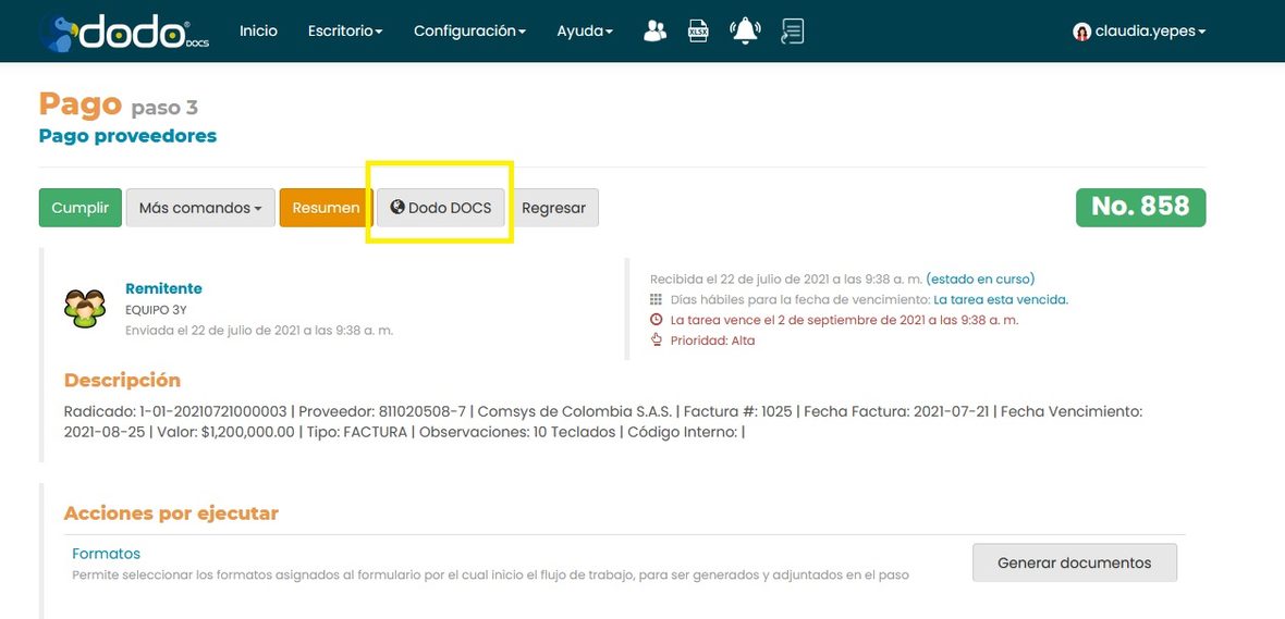Barra de comandos de la tarea con un botón de vínculo etiquetado «Dodo DOCS», junto a Cumplir, Más comandos, Resumen y Regresar.
