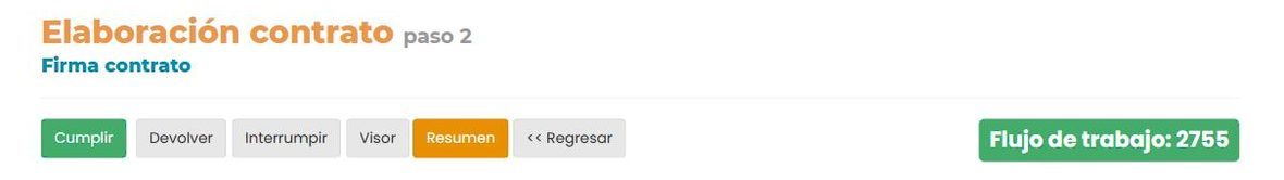 Barra de comandos de una tarea: Cumplir, Devolver, Interrumpir, Visor, Resumen, Regresar.