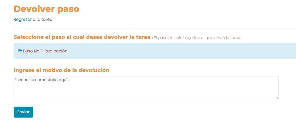 Pantalla «Devolver paso»: selección del paso de destino y campo para el motivo de la devolución.