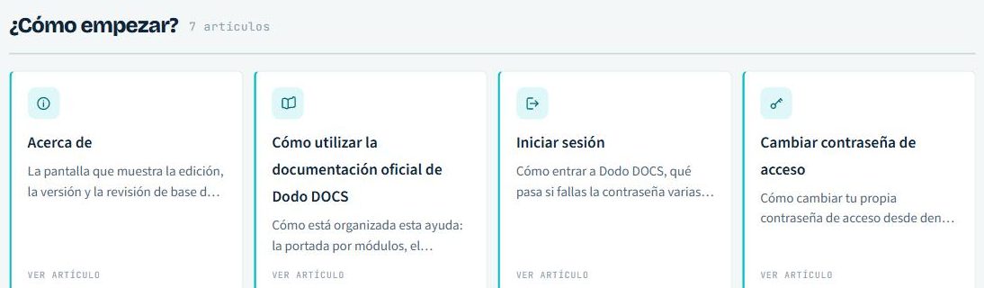 Un módulo de la portada, «¿Cómo empezar?», con su contador 7 artículos y sus tarjetas: cada una con un ícono, un filo de color a la izquierda, una breve descripción y el texto «Ver artículo».