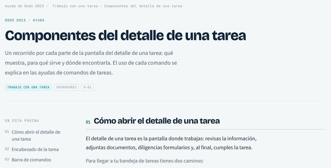 Cabecera de un artículo: título, frase de resumen, etiquetas de módulo, tipo de usuario y código de orden, y a la izquierda el índice «En esta página».