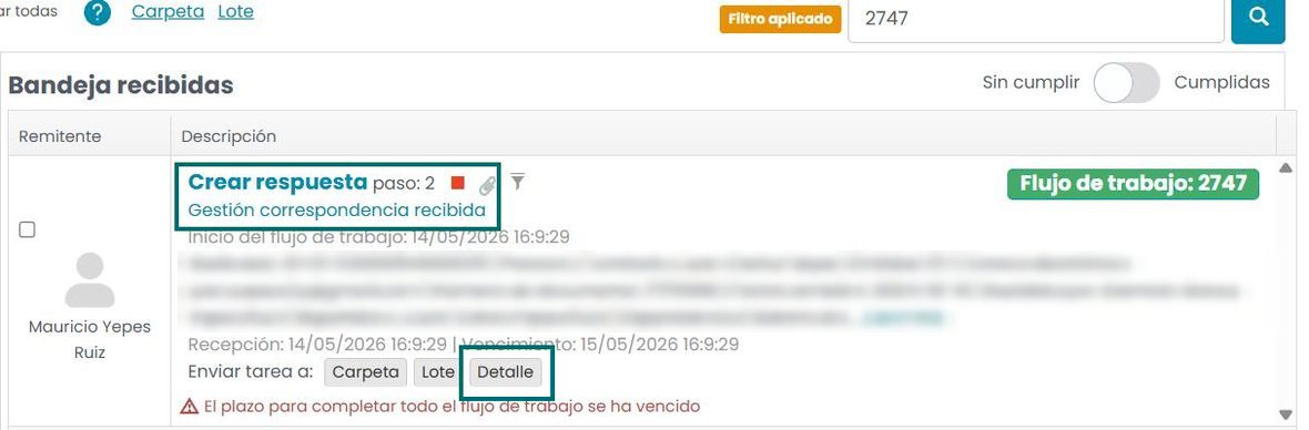 Fila de una tarea en la bandeja recibidas, con el título del paso y el botón Detalle señalados.