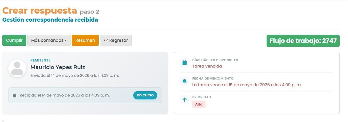 Vista general del detalle de una tarea: encabezado, barra de comandos, número de flujo, panel de remitente y panel de fechas.