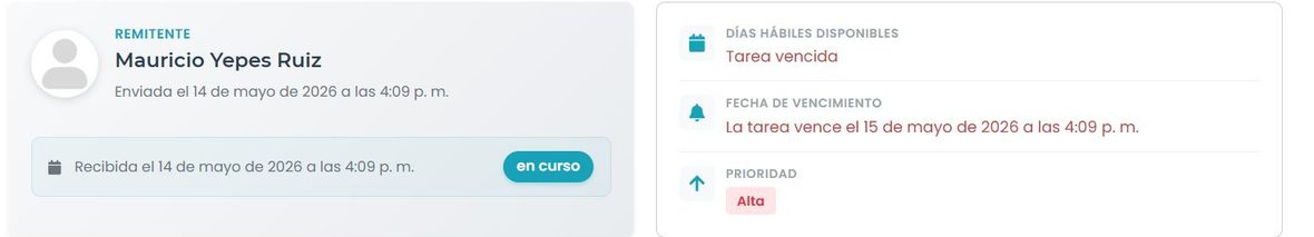 Panel de remitente a la izquierda y panel de días hábiles, vencimiento y prioridad a la derecha.