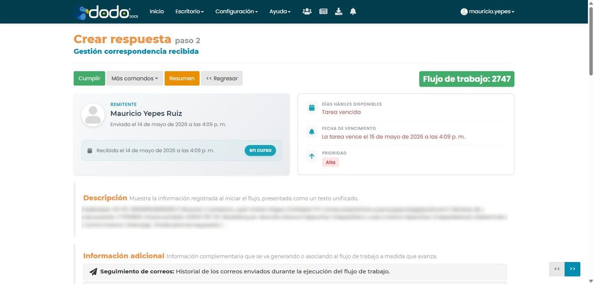 Panel de remitente y panel de días hábiles con el aviso Tarea vencida, en la pantalla de detalle de la tarea.