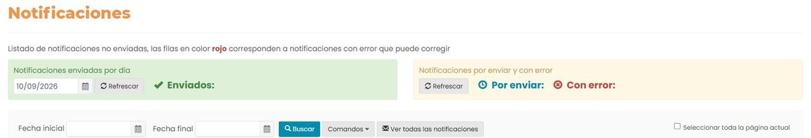Pantalla «Notificaciones»: aviso de que las filas en rojo tienen error, sección «Notificaciones enviadas por día» con una fecha y un botón «Refrescar», y sección «Notificaciones por enviar y con error» con un botón «Refrescar» y los contadores «Por enviar» y «Con error», ambos vacíos.