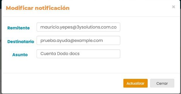 Modal «Modificar notificación» con los campos Remitente, Destinatario y Asunto, y los botones Actualizar y Cerrar.